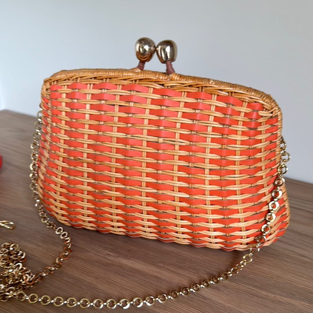 Chic Woven Orange Clutch with Gold Chain - Picture 2 of 10